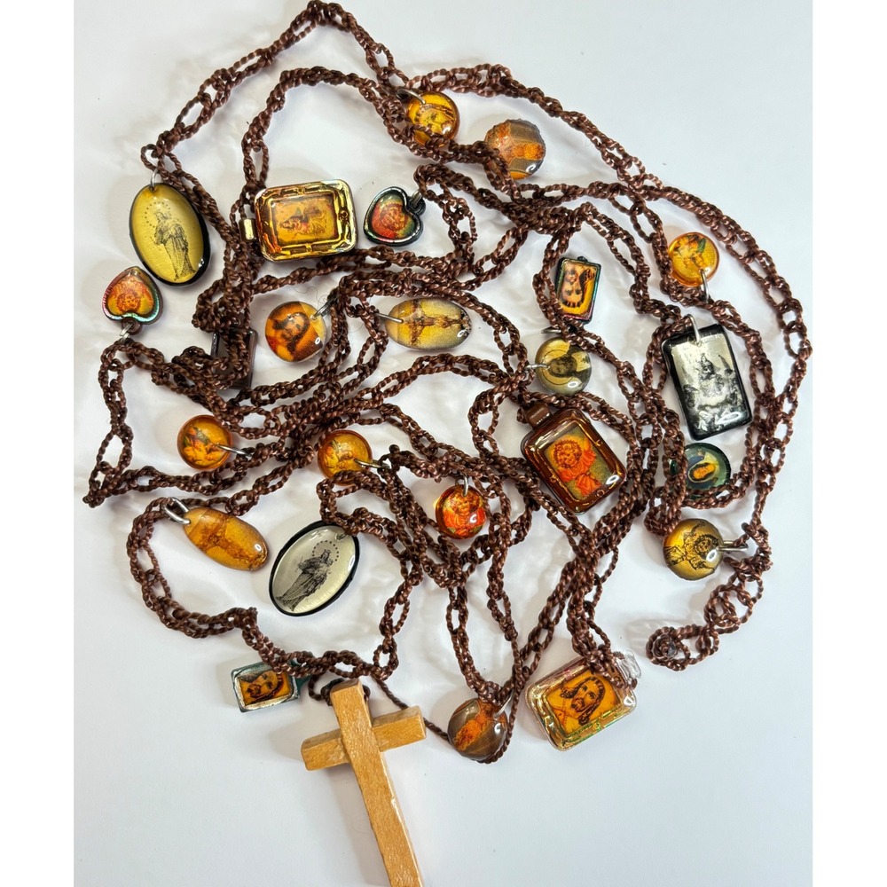 Vintage Handmade Crochet Religious Charm Necklace 72in Wood Cross Jesus Pendants